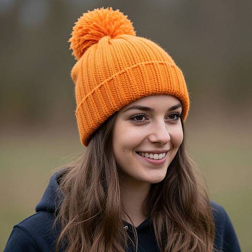 Smiling Woman in Orange Knit Beanie