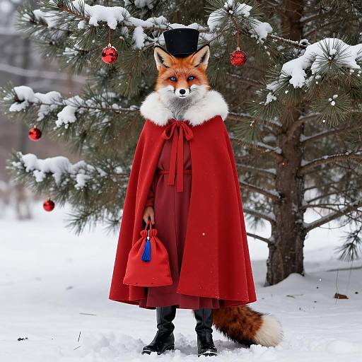 Fox-Headed Figure in Red Robe and Top Hat in Snow
