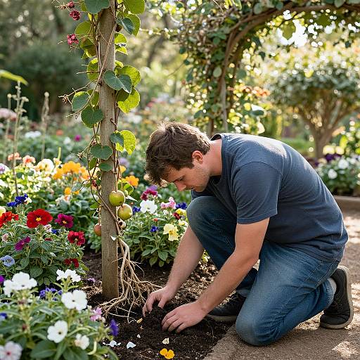Photograph of a muscular man with short brown hair, wearing a navy t-shirt and blue jeans, kneeling in a vibrant, sunlit garden, planting