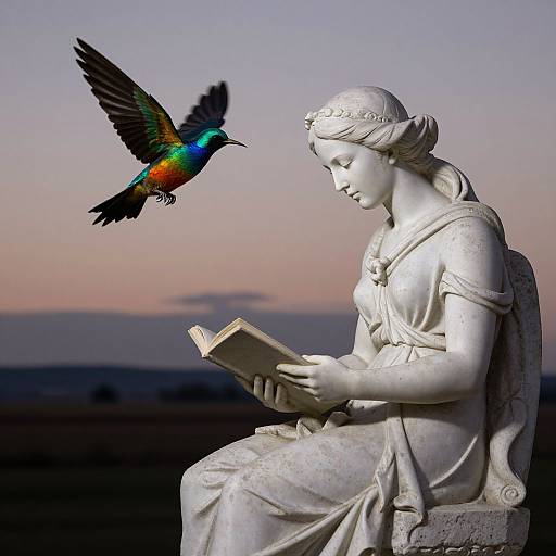 Photograph of a white marble statue of a serene woman reading, with a colorful hummingbird in mid-flight above her against a twilight sky.