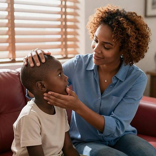 Sunlit Tender Moment: Mother and Son