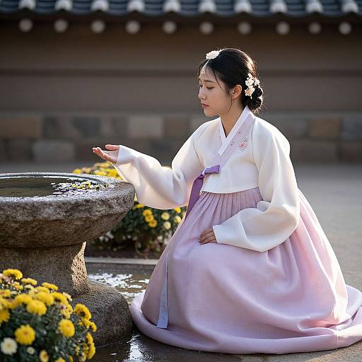 Photograph of a Korean woman in traditional hanbok, white top with purple skirt, kneeling by a stone fountain, surrounded by yellow flowers.