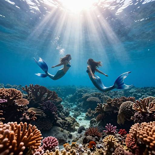 Photograph of two mermaids with shimmering blue scales, swimming beneath sunlight rays, amidst vibrant coral reefs in a clear blue ocean.