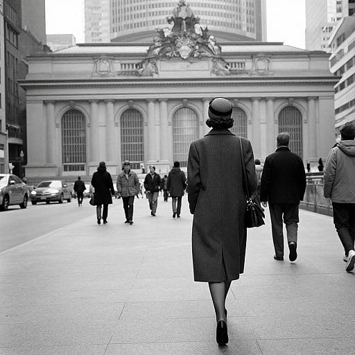 Black-and-white photograph of busy city street, woman in long coat and hat leading, people walking towards grand neoclassical building.