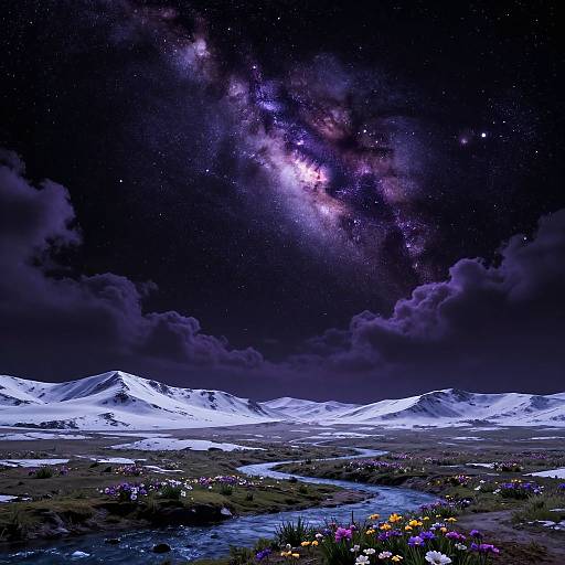 Starry night sky with vibrant Milky Way above snowy mountain landscape, dotted with colorful flowers and a winding stream in the foreground. Digital artwork.