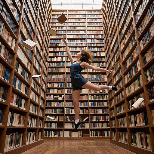 Photograph of a curly-haired woman in a blue dress and white sneakers, leaping joyfully in a narrow library aisle with flying books, surrounded by