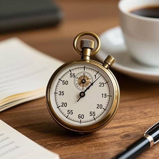 Photograph of a gold pocket watch on a wooden table, with a blurred cup of coffee in the background.