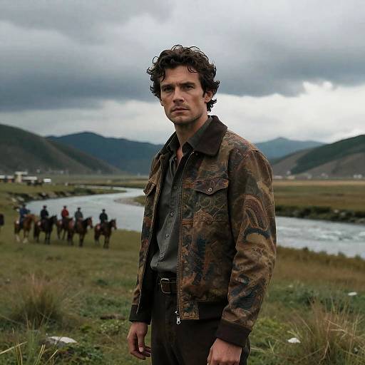 Man in Patterned Jacket by River with Horse Riders