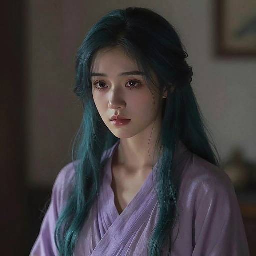 Soft Anime-Style Midnight Teal Portrait