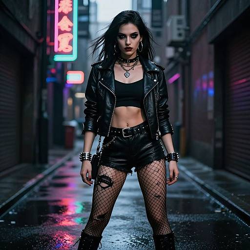 Confident Muscular Goth Girl in Cyberpunk Alley