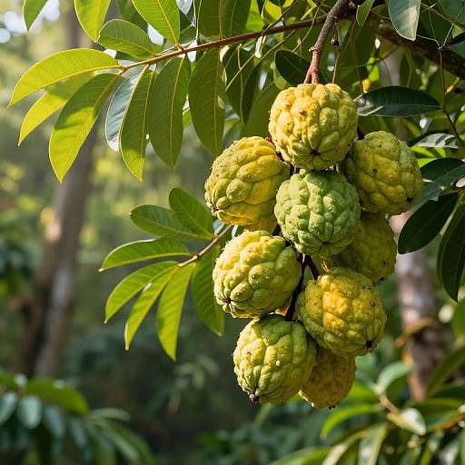 Photograph of a cluster of green and yellow unripe mangoes hanging from a tree branch, surrounded by shiny, vibrant leaves.