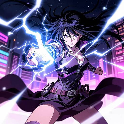 Digital anime artwork of a fierce, black-haired woman with glowing blue electricity, wearing a black dress and belt, in a neon-lit cityscape.