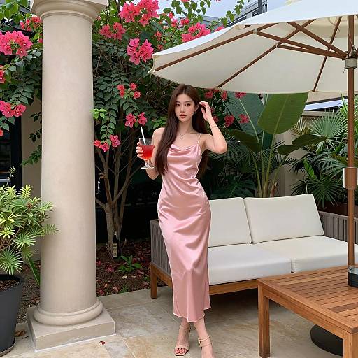 Young Woman in Pink Satin Dress Outdoors