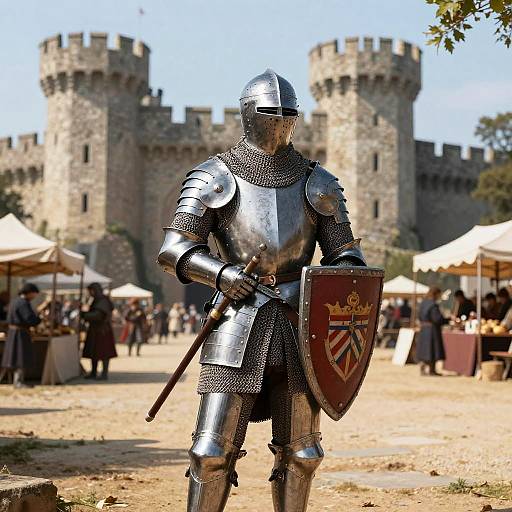 Chevalier Polishing Armor in Castle Courtyard