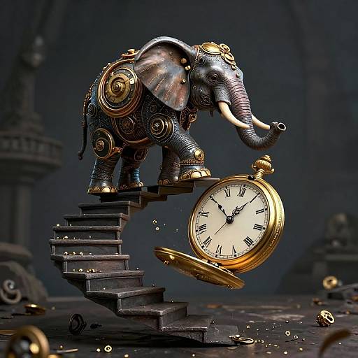 Digital art of a silver, intricately patterned elephant with gold accents, stepping on a spiral staircase, holding a large, gold pocket watch with a