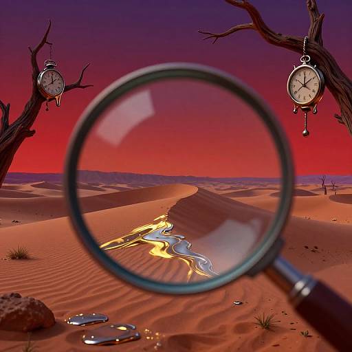 Photograph of a desert sunset with a magnifying glass focusing on a winding water stream; two hanging pocket watches on leafless trees in the background.