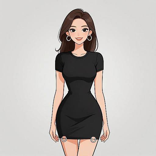 Digital anime-style drawing of a smiling woman with long brown hair, wearing a tight black dress, white hoop earrings, and standing against a plain white background