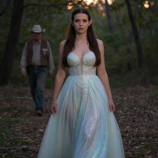 Photograph of a dark-haired woman with pointed elf ears in a sparkling white, low-cut, full-skirted gown, standing in a forest at