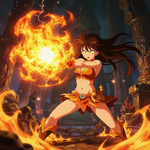 Anime-style digital art of a fierce, dark-haired woman in orange fire-themed armor, wielding a blazing, magical fireball in a dark, ruined temple
