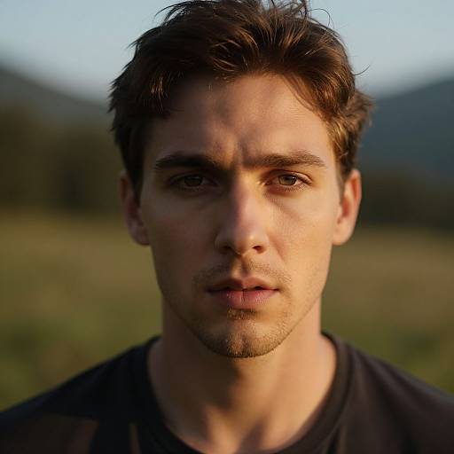 Photograph of a serious, handsome young man with short, dark brown hair and light stubble, wearing a black shirt, against a blurred outdoor background