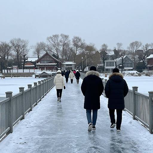 Photograph of a snowy bridge with six people walking away, dressed in winter coats and boots, leafless trees in the background.