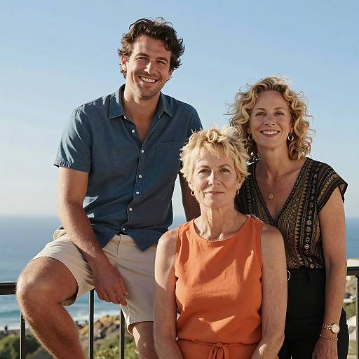 Three Adults Posing Outdoors by the Ocean