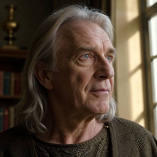 Photograph of an elderly man with long gray hair, wrinkled skin, light blue eyes, wearing a dark textured sweater, looking thoughtfully to the