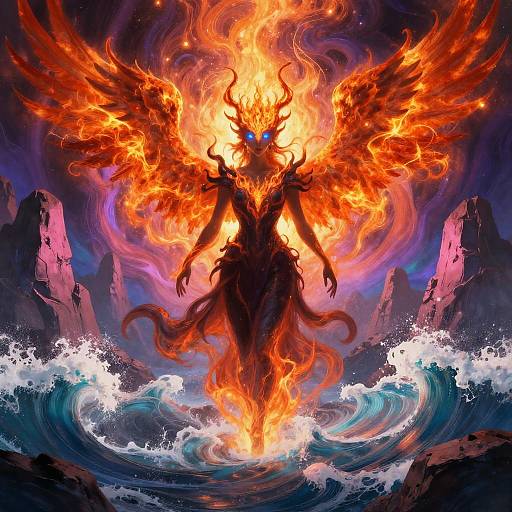 Mystical Winged Figure in Fiery Ocean