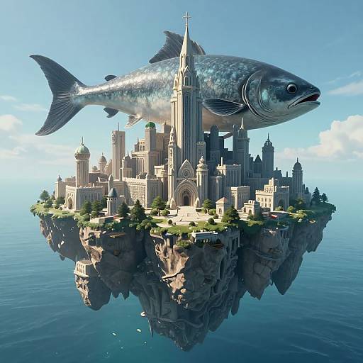 Digital artwork: A massive silver fish hovers above a floating, detailed Gothic-style castle with greenery, set against a bright blue sky and calm ocean