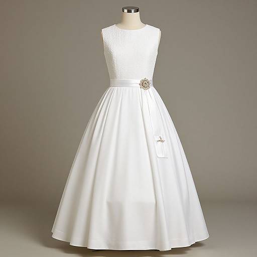 Photograph of a sleeveless, white, knee-length, A-line dress with a textured bodice, waist sash, and floral brooch on