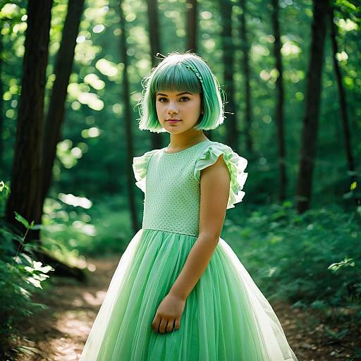 Girl with Mint Green Hair in Forest