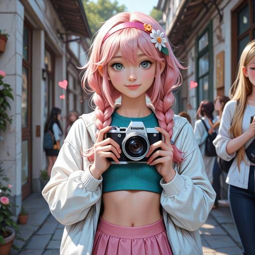 Blonde Girl with Camera and Flowers