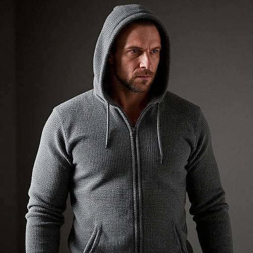 Photograph of a serious, bearded man with light skin, wearing a textured gray hooded sweatshirt, against a dark gradient background.