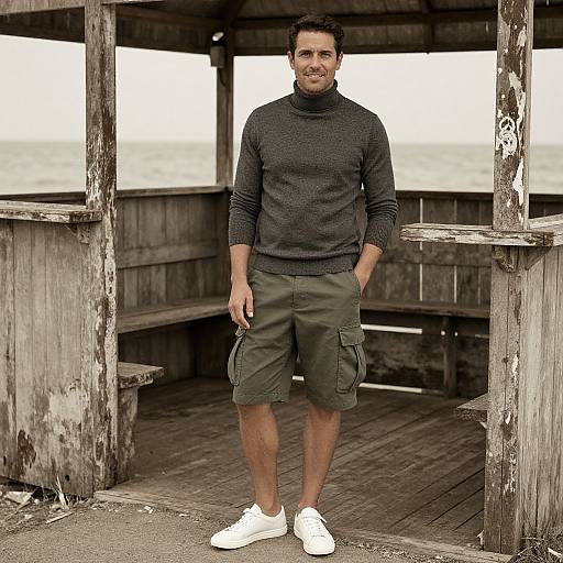 Photograph of a smiling man with short dark hair, wearing a dark gray turtleneck, green cargo shorts, and white sneakers, standing in a