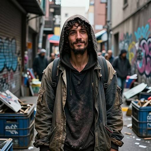 Photograph of a bearded, mustachioed man in a dirty, hooded jacket, standing in a graffiti-covered urban alley with crates and
