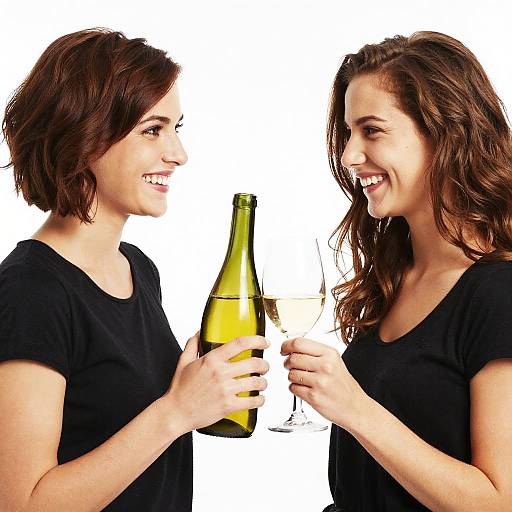 Photograph of two smiling women with short and long brown hair, wearing black shirts, clinking a beer bottle and glass against a white background.