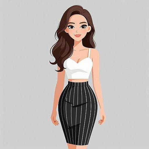 Digital illustration of a smiling woman with long brown hair, wearing a white crop top and black pinstriped pencil skirt.