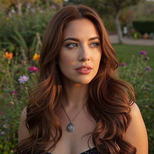 Photograph of a beautiful woman with long, wavy brown hair, wearing a black top and a silver pendant, standing in a colorful garden at sunset
