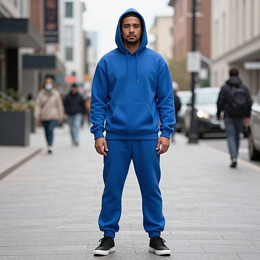 Photograph of a bearded Black man in a blue hooded sweatshirt and matching pants, standing confidently on a city street. Blurred pedestrians and