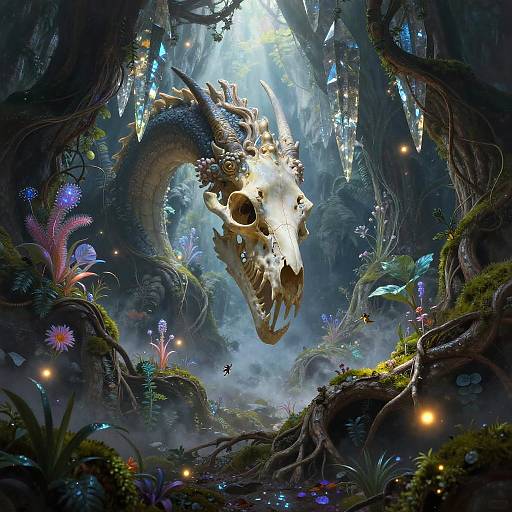 Digital fantasy artwork: A glowing, skeletal dragon with blue scales and golden horns looms in a lush, bioluminescent forest, surrounded by vibrant
