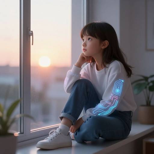 Photograph of a young Asian girl with dark hair, wearing a white sweatshirt with neon blue patterns, blue jeans, and white sneakers, sitting by