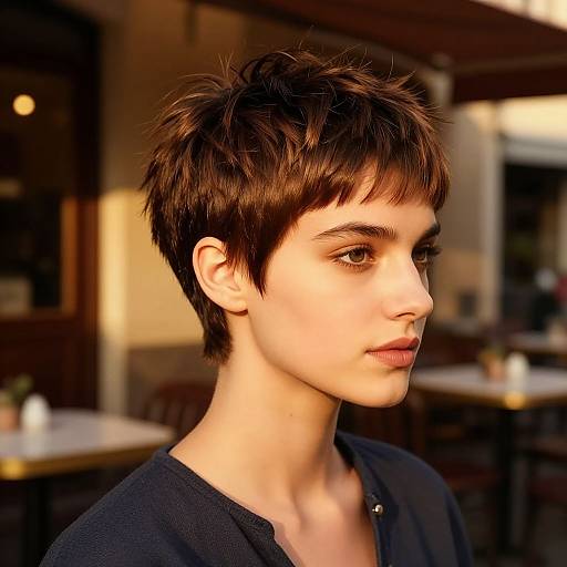 Italian Pixie Haircut in Rustic Cafe