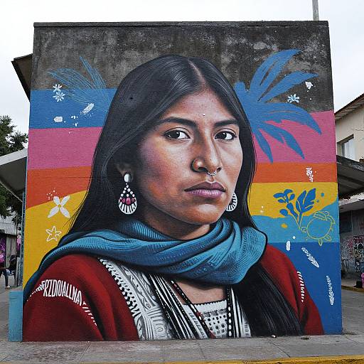 Photograph of vibrant mural depicting a serious young Indigenous woman with long black hair, blue scarf, and traditional earrings, set against colorful, abstract background with