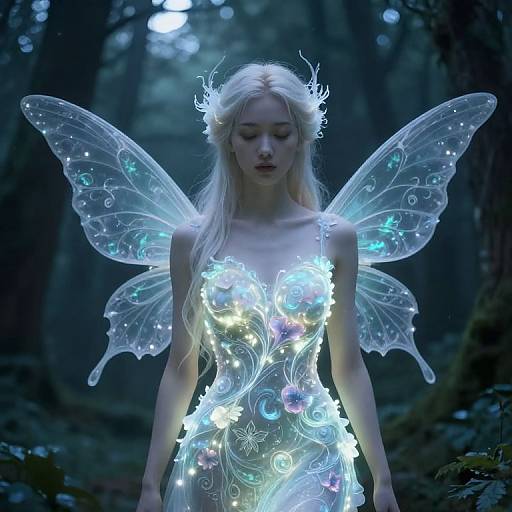 Photograph of a fair-skinned, blonde fairy with glowing, translucent wings and illuminated, ethereal dress in a dark, moonlit forest.