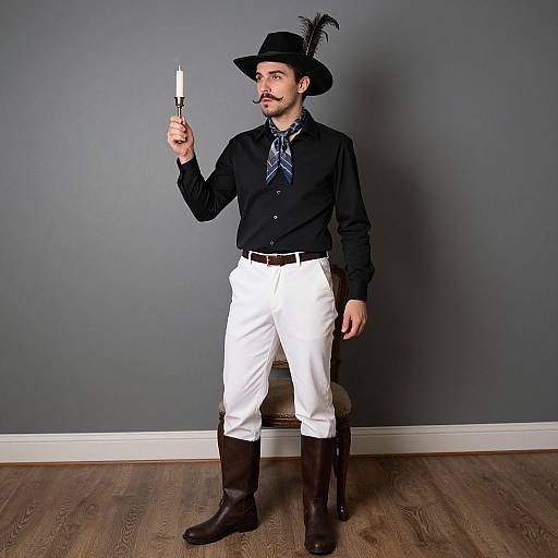Photograph of a bearded man in black shirt, white pants, black boots, black hat with feather, holding a lit candlestick, standing against