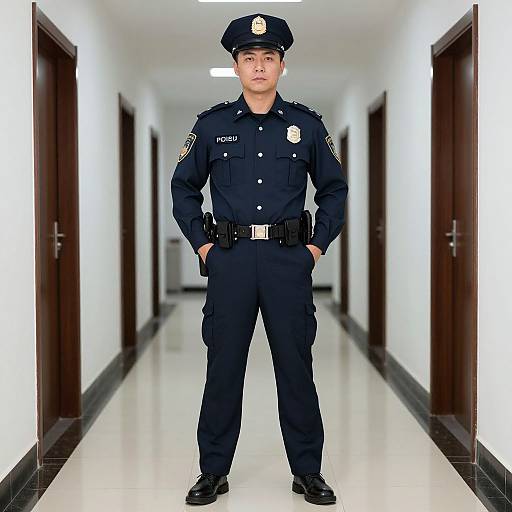 Photograph of a young male police officer standing confidently in a bright, white corridor with dark wood doors, wearing a dark blue uniform and hat.
