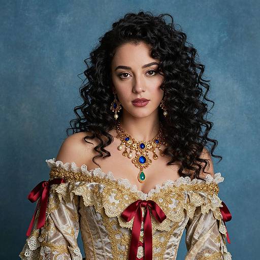 Regal Woman in Vintage Gold Lace Dress