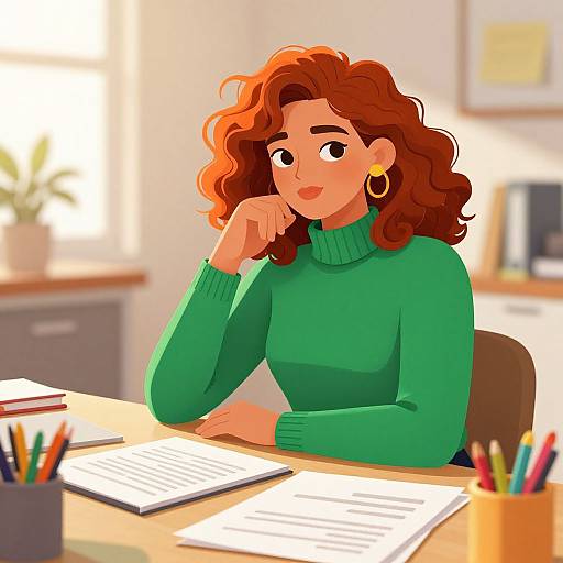 Digital illustration of a smiling, curly-haired woman in a green turtleneck, seated at a desk with papers and colorful pencils.
