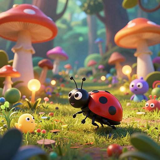 Whimsical CGI scene of a cheerful, cartoon-style ladybug with black spots and large eyes, walking through a colorful, fairy-tale forest with