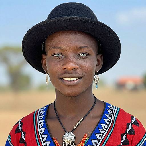 Photograph of a smiling African woman with dark skin, wearing a black hat, red patterned dress, blue V-neck, silver earrings, and necklace